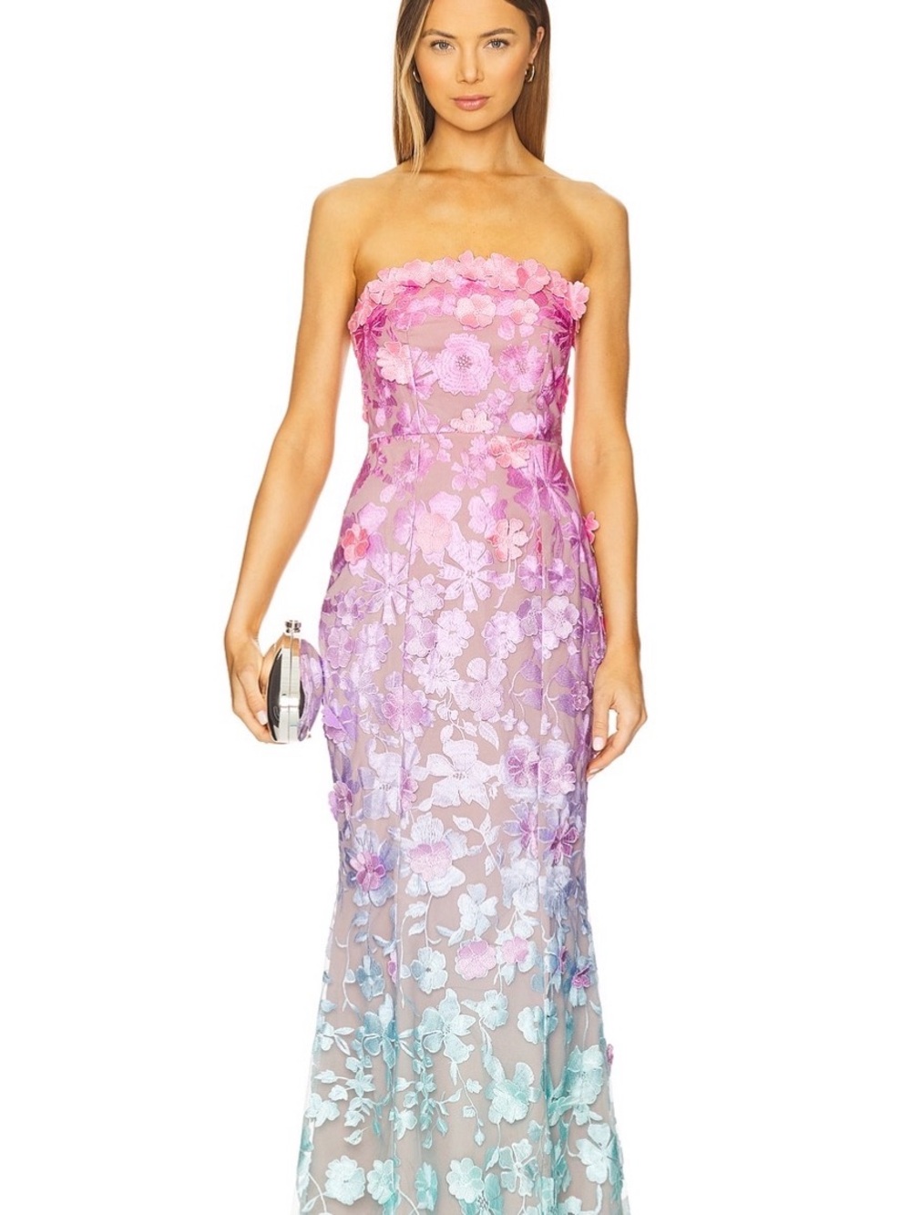 REVOLVE Ombre Strapless Floral Appliqué Gown in Pink to Aqua